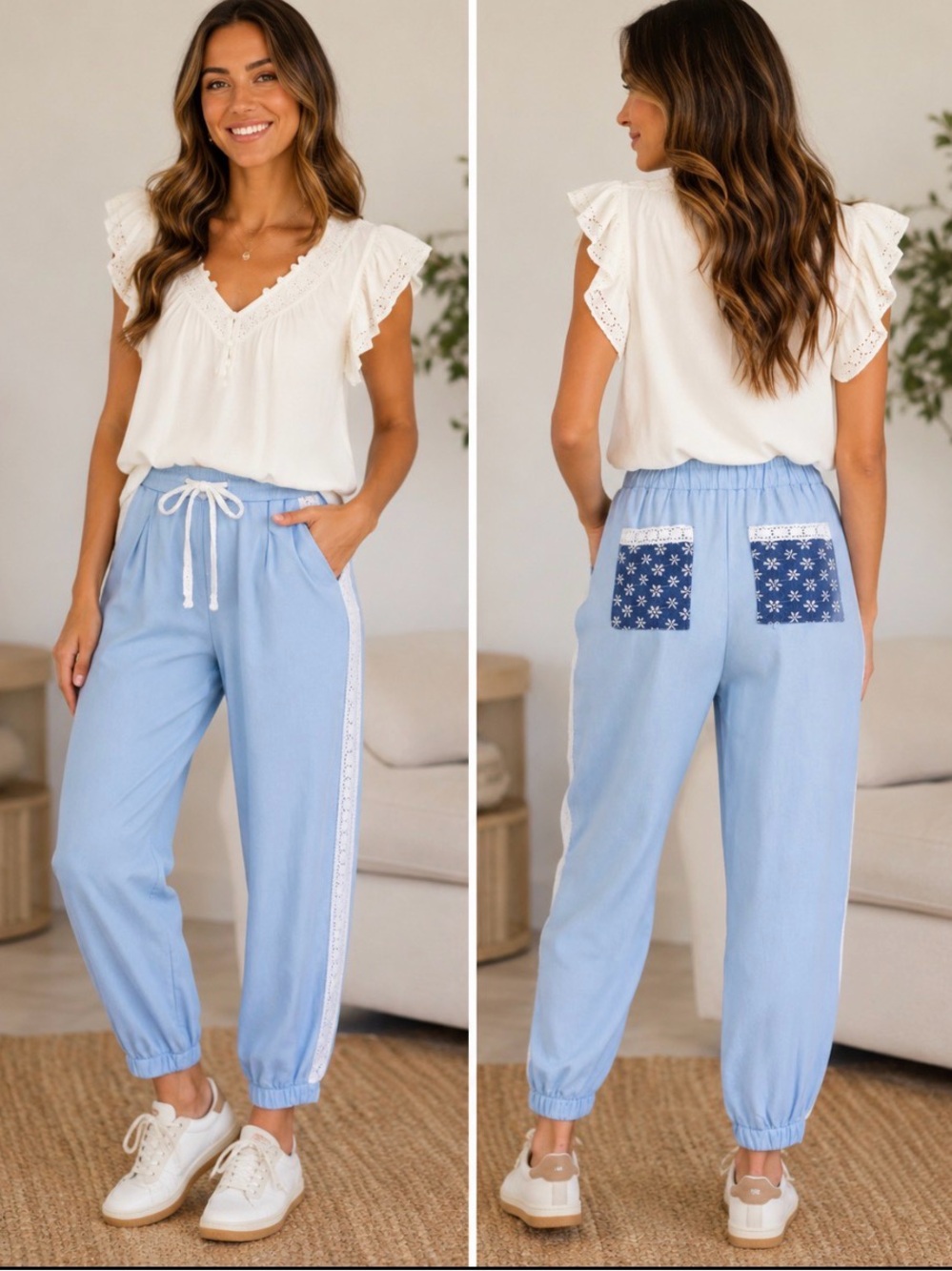 LACE ACCENT FLORAL PATCHED POCKET PLEATED WIDE LEG SLOUCHY PANTS